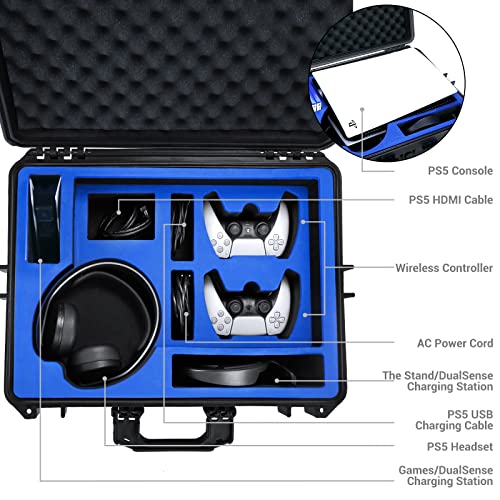 Premium Waterproof Travel Hard Case for PS5 - Heavy Duty Carrying Case Fits PlayStation 5 Console, Headset, Controllers, Games, Stand, Dualsense Charging Station, Cables and Other Accessories, Blue