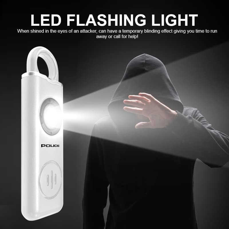POLICE Personal Alarm Keychain For Women – 130dB Siren Alarm, LED Flashlight with Strobe Light Rechargeable Safety Alarm - White
