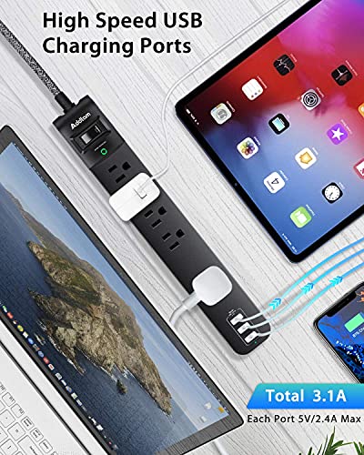 2 Pack Power Strip Surge Protector - 5 Widely Spaced Outlets 3 USB Charging Ports, 1875W/15A with 6Ft Braided Extension Cord, Flat Plug, Overload Surge Protection, Wall Mount for Home Office