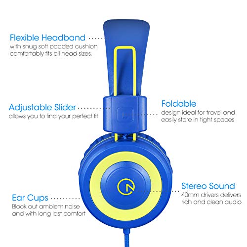 Kids Headphones with Microphone noot products K12 Stereo 5ft Long Cord with 85dB/94dB Volume Limit Wired On-Ear Headset for iPad/Amazon Kindle,Fire/Toddler/Boys/Girls/School/Travel/Plane(Blue/Lime)