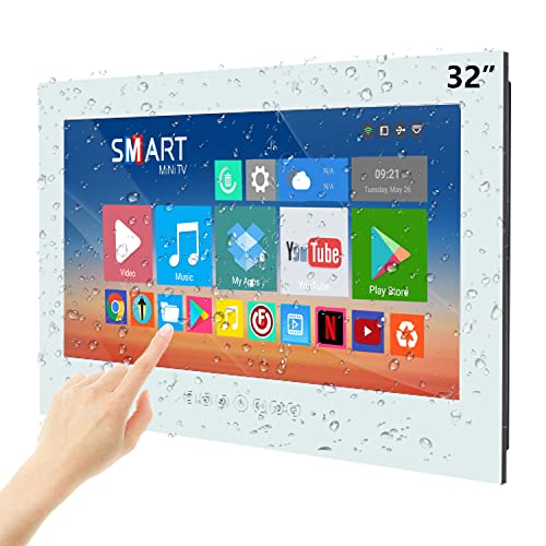 Haocrown 32-inch Touchscreen Bathroom TV Smart Waterproof TV 1080P Full-HD Brightness 500 Television with Android 11.0 System 4G+64G, Built-in HDTV(ATSC) Tuner, Wi-Fi, Bluetooth, Screencast (White)