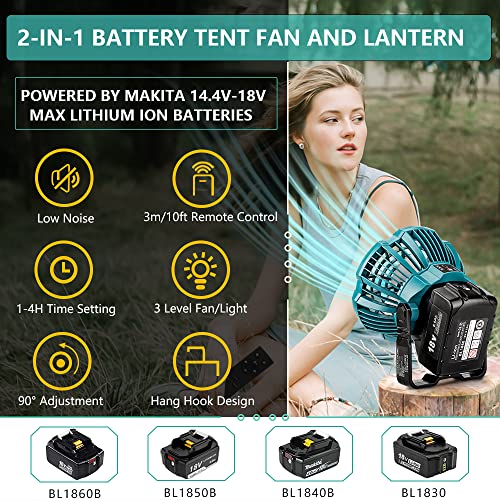 for Makita Fan Hiesuan Portable Camping Fan with Lantern, Remote, 3 Speed Brightness, 4H Timer, Foldable Hook Rechargeable Cordless Jobsite Small Personal Fan for Makita 14.4V-18V Li-Ion Battery