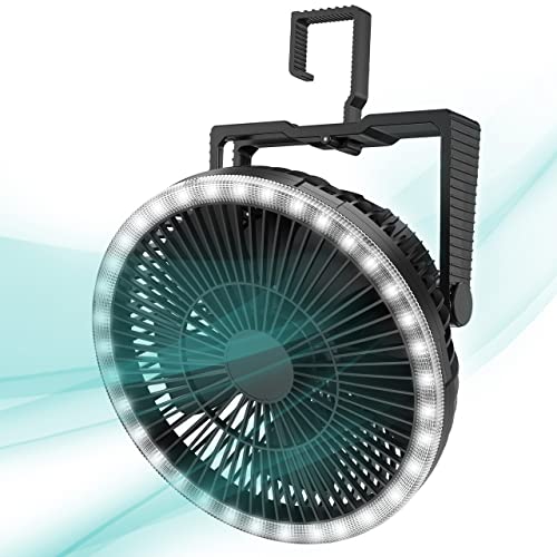 10000mAh Portable Camping Fan with LED Lights - 8 inch Rechargeable Battery Operated USB Fan with Hanging Hook for Tent Car RV Shelter Desk Outdoor Emergency Power Outage Hurricane