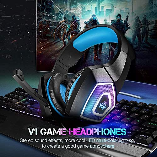 Gaming Headset with Mic for Xbox One PS4 PS5 PC Switch Tablet, Gaming Headset Xbox One with Stereo Surround Sound & LED Light Noise Cancelling Over Ear Headphones