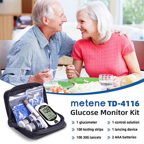 Metene TD-4116 Blood Glucose Monitor Kit, 100 Glucometer Strips, 100 Lancets, 1 Blood Sugar Monitor, Blood Sugar Test Kit with Lancing Device, Diabetes Testing Kit, Coding-free Meter, Large Display