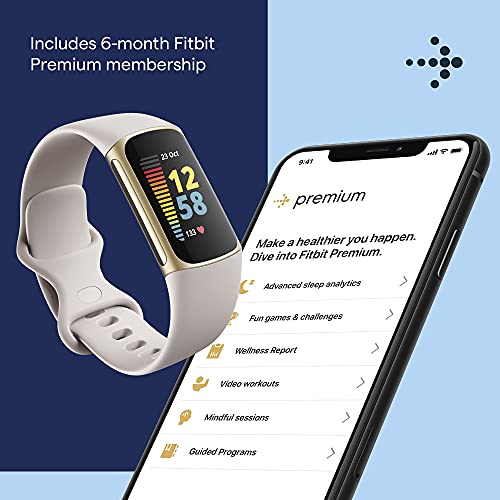 Fitbit Charge 5 Advanced Fitness & Health Tracker with Built-in GPS, Stress Management Tools, Sleep Tracking, 24/7 Heart Rate and More, Lunar White/Soft Gold, One Size (S &L Bands Included)