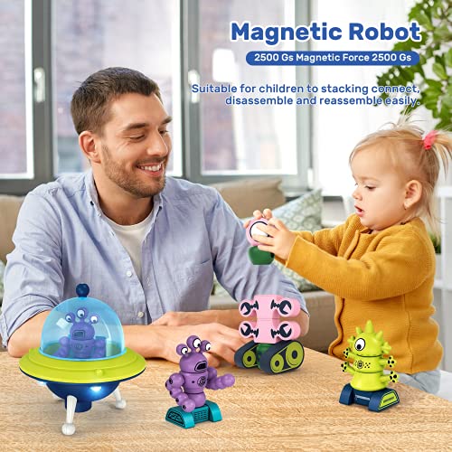 HOLYFUN Kid Magnetic Walking Musical Space Toy with 35PCS Stacking Blocks Building Robot, Storage Box, STEM Educational Electronic Flying Saucer and Magnetic Robot Gift for Children Toddler Boy Girl