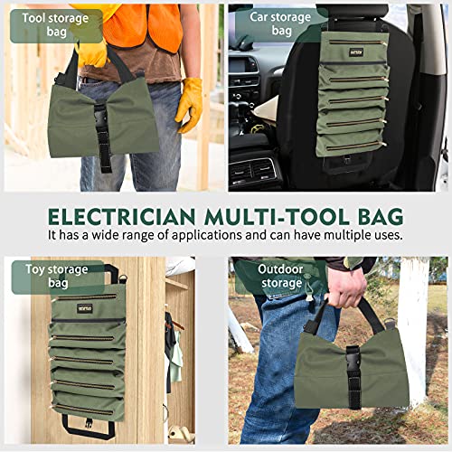 Roll Up Tool Bag Organizer - Canvas Tool Pouch Roll Multi Purpose Storage Hanging Rolling Carrier Kit for Wrench Motorcycle Cars Screwdriver Cables Camping Travel Electrician Tech Pockets Bucket Set