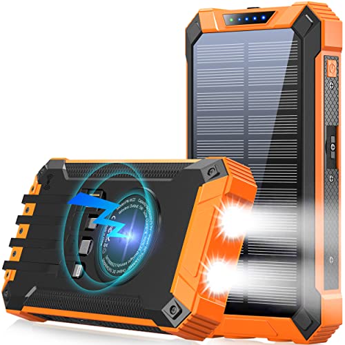 Solar Power Bank 36000mAh Built-in 4 Cables Qi Wireless Charger with Dual LED Flashlight Solar Portable External Battery IPX4 Waterproof 15W 5V/3A USB C Port Six Outputs Three Inputs(Orange)