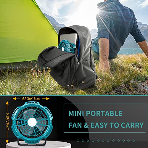 for Makita Fan Hiesuan Portable Camping Fan with Lantern, Remote, 3 Speed Brightness, 4H Timer, Foldable Hook Rechargeable Cordless Jobsite Small Personal Fan for Makita 14.4V-18V Li-Ion Battery