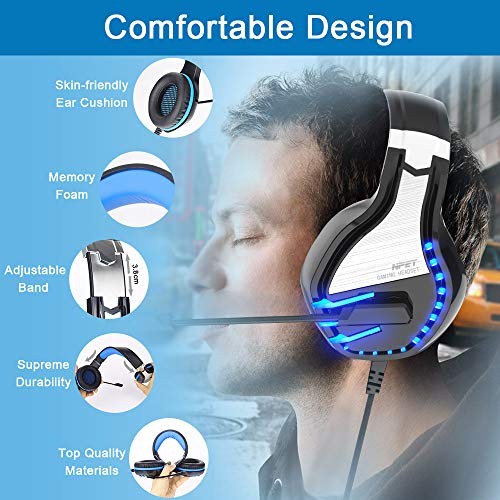 NPET HS10 Stereo Gaming Headset for PS4 PC Xbox One PS5 Controller, Noise Cancelling Over Ear Headphones with Mic,LED Light, Bass Surround, Soft Memory Earmuffs for Laptop Mac Nintendo NES Games