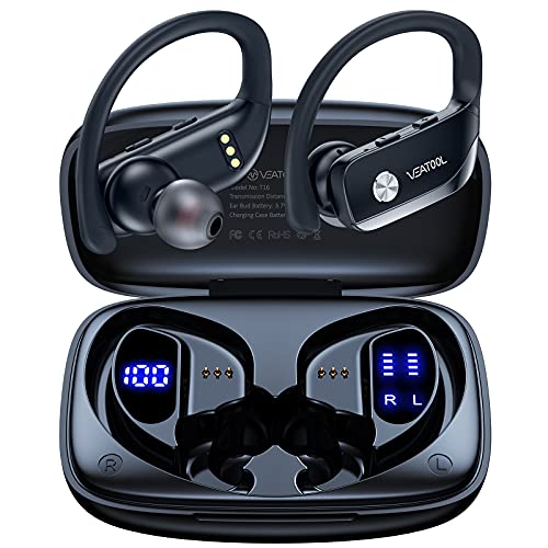 Wireless Earbuds Bluetooth Headphones 48hrs Play Back Sport Earphones with LED Display Over-Ear Buds with Earhooks Built-in Mic Headset for Workout Black BMANI-VEAT00L