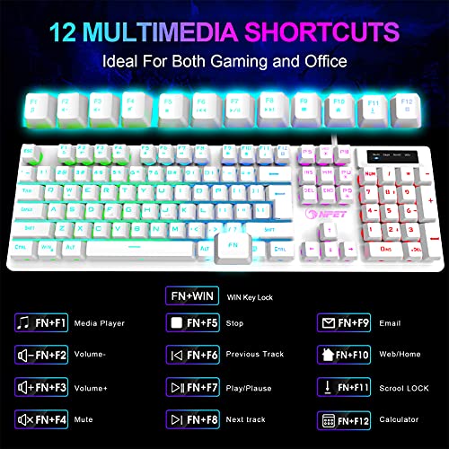 NPET K10 Gaming Keyboard, RGB Backlit, Spill-Resistant Design, Multimedia Keys, Quiet Silent USB Membrane Keyboard for Desktop, Computer, PC (White)