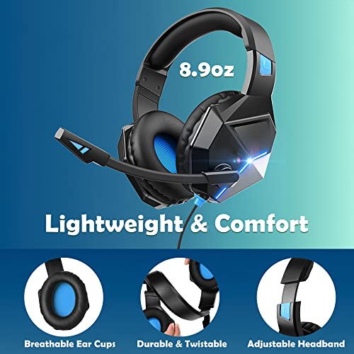 Wired Gaming Headset with Noise Cancelling Microphone, Gaming Headphones with RGB LED Light, 3D Sorround Sounds Over Ear Gaming Headset for PS4 PS5 Xbox-One PC Switch, 3.5 mm Audio Jack & USB