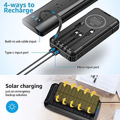 Portable Charger 33800mAh, Coolezx 22.5W & PD18W Fast Charging Solar Power Bank with 4 Built-in Cables, 15W Qi Wireless Solar Charger, External Battery Pack with LED Flashlight for iPhone, Samsung etc