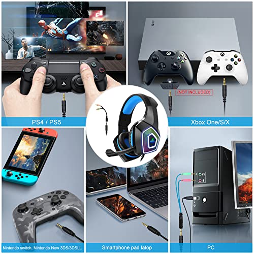 Gaming Headset with Mic for Xbox One PS4 PS5 PC Switch Tablet, Gaming Headset Xbox One with Stereo Surround Sound & LED Light Noise Cancelling Over Ear Headphones