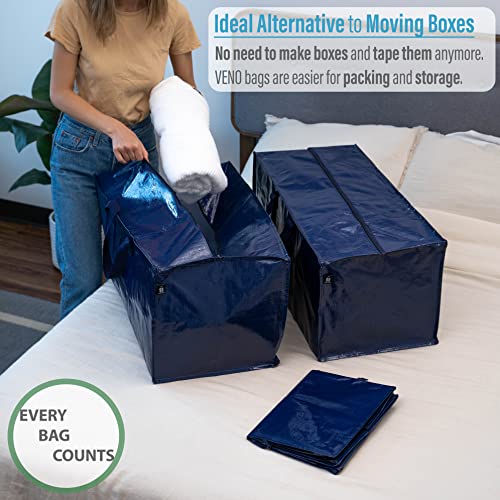 VENO Heavy Duty Extra Large Moving Bags W/ Backpack Straps Strong Handles & Zippers, Storage Totes For Space Saving, Fold Flat, Alternative to Moving Box, Made of Recycled Material (Blue - Set of 8)