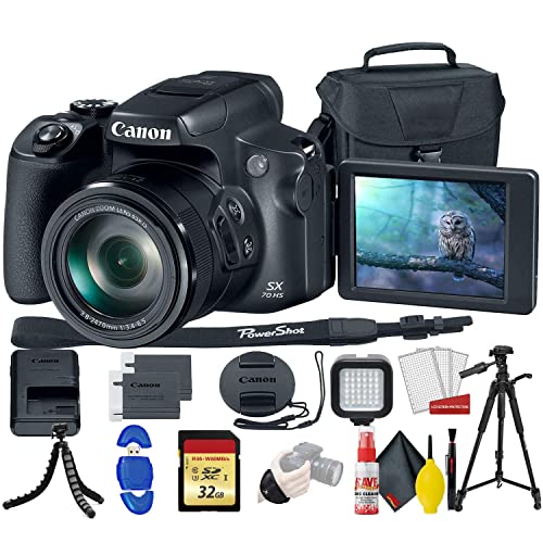 Canon PowerShot SX70 HS Digital Camera (3071C001) with 32GB Memory Card, Padded Case, Spider Tripod, LED Light, Extra Battery, Full Size Tripod, Cleaning Kit, and More (International Model)