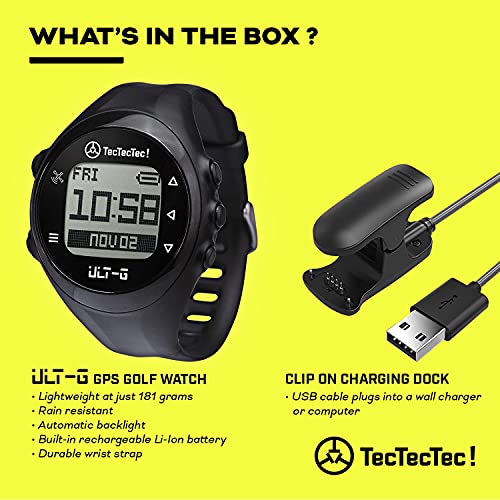 TecTecTec ULT-G Stylish, Lightweight and Multi-Functional Golf GPS Watch, Durable Wrist Band with LCD Display, Worldwide Preloaded Courses - Black