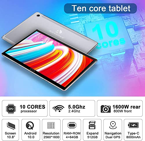 Tablet with Keyboard 10.8 Inch 2560X1600 (2K) Screen 10-Core 2.3Ghz CPU 5G-Dual WiFi, 4GB RAM+64GB ROM/512GB Expandable Android 10.0, (Silver)