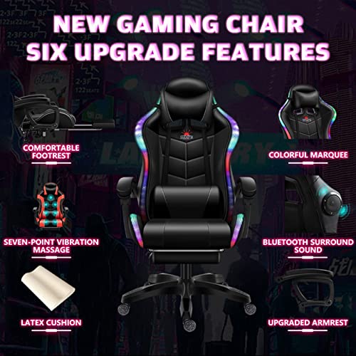 FZYUAN Video Gaming Chairs LED Lights, Ergonomic Office Chair, Full Massager Lumbar Support, and Bluetooth Speaker, Computer Chair with Retractible Footrest Adjustment of Backrest,Red