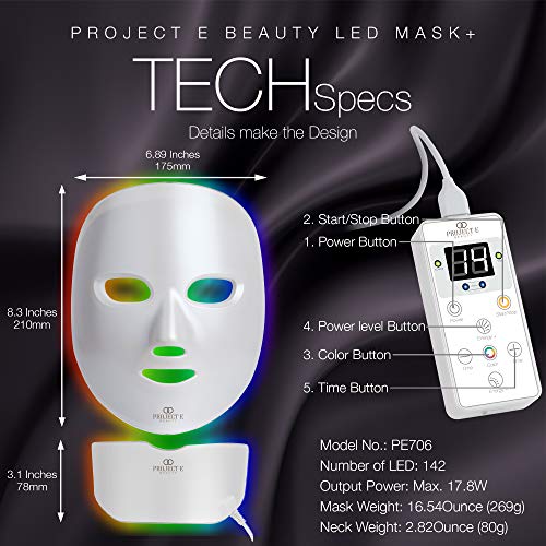 Project E Beauty LED Light Therapy Face & Neck Mask | Wireless Photon Skin Rejuvenation Red Blue Green Therapy 7 Color Treatment Anti Aging Acne Spot Removal Wrinkles Brightening Facial Skin Care Mask