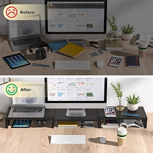 5Rcom Dual Monitor Stand-Desk Accessories with Adjustable Length and Angle-Dual Monitor Riser for PC, Computer, Laptop, Printer Long Monitor Stand Riser-Desktop Organizer, Length Extended (Black)