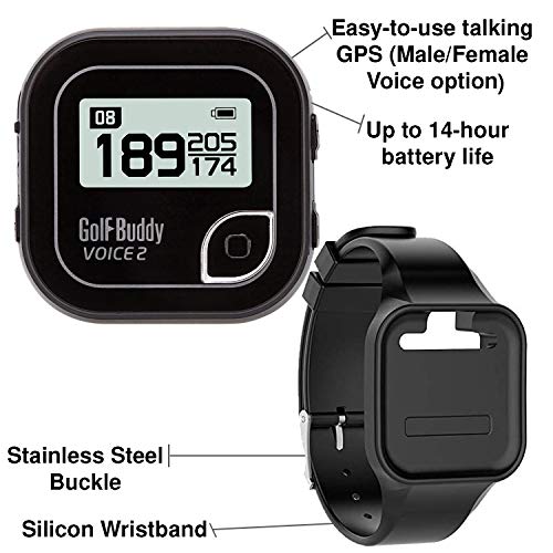 Golf Buddy Voice 2 Talking GPS Rangefinder (Bundle), Long Lasting Battery Golf Distance Range Finder & Silicon Strap Wristband (Voice 2, Black Voice 2 + Black Wristband)