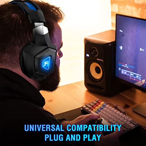 Gaming Headset with Microphone, Gaming Headphones for PS4 PS5 Xbox One PC, Playstation Headset with Noise Reduction Mic, LED Light 7.1 Surround Sound Over-Ear and Wired 3.5mm Jack (Blue)