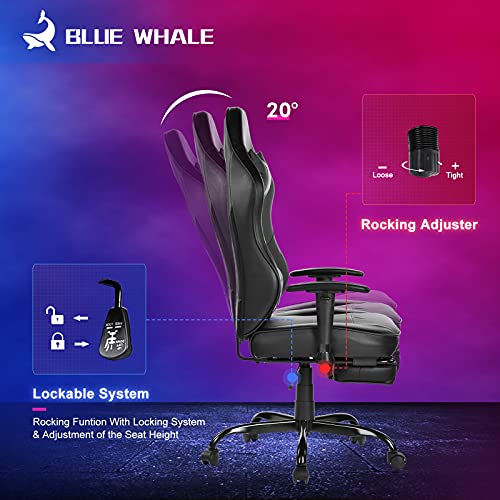 Blue Whale Massage Gaming Chair with Footrest, Racing PC Computer Office Chair Swivel Ergonomic Executive Leather Desk Chair and Adjustable Armrests