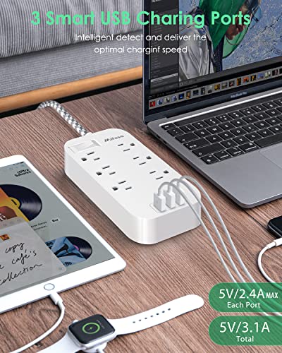 Power Strip - 10 FT Long Flat Plug Extension Cord, 6 Outlets 3 USB Ports Outlet Extender with Overload Protection, Wall Mount, Desktop Charging Station for Home, Office and Dorm Essential