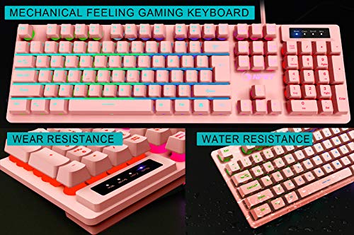 NPET K10 Gaming Keyboard, LED Backlit, Spill-Resistant Design, Multimedia Keys, Quiet Silent USB Membrane Keyboard for Desktop, Computer, PC (Pink)