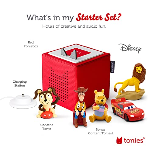 Toniebox Audio Player Starter Set with Woody, Lightning McQueen, Simba, Winnie-The-Pooh, and Playtime Puppy - Listen, Learn, and Play with One Huggable Little Box - Red