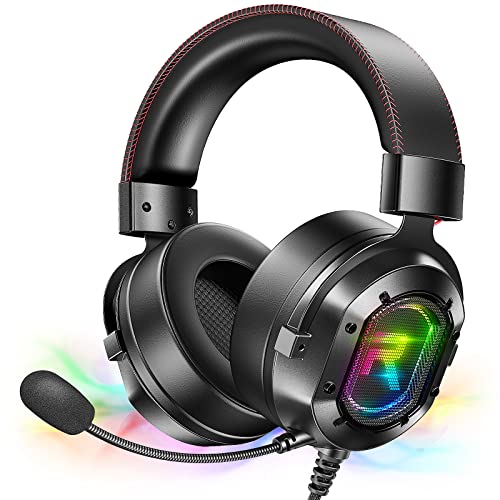 Gaming Headsets, 7.1 Surround Sound Gaming Headset for PC PS4 PS5, USB Wired Gaming Headphone with Noise Canceling Mic&RGB Lights, Comfortable Memory Foam, Compatible with Xbox, Laptop, Mac