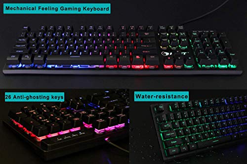 NPET K10 Gaming Keyboard USB Wired Floating Keyboard, Quiet Ergonomic Water-Resistant Mechanical Feeling Keyboard, Ultra-Slim Rainbow LED Backlit Keyboard for Desktop, Computer, PC (Renewed)