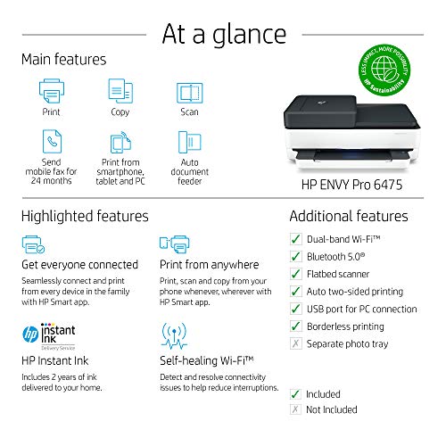 HP Envy Pro 6475 Wireless All-in-One Printer, Includes 2 Years of Ink Delivered, Mobile Print, Scan & Copy, Compatible with Alexa (8QQ86A)