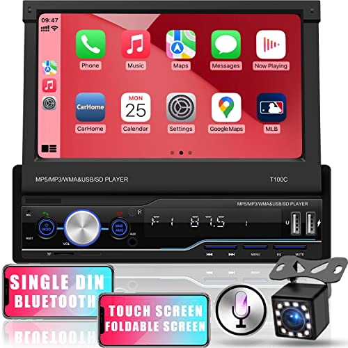 Bluetooth Car Radio Single Din with Flip Out Touch Screen,Car Stereo Apple Carplay,FM AM Car Radio Backup Camera, Hand-Free Calling,Apple Car Play Stereo,Fast Charging,EQ/USB Port/AUX/Mirror Link