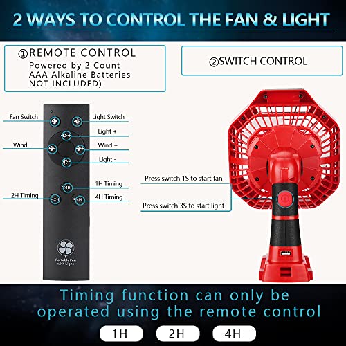 for Milwaukee 18V M18 Li-ion Battery Powered Handheld Fan with LED Lamp Light, Remote, 4H Timing Function, Hiesuan Portable Cordless Jobsite Fan Outdoor Rechargeable USB Personal Desk Camping Fan