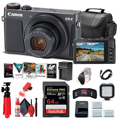 Canon PowerShot G9 X Mark II Digital Camera (Black) (1717C001), 64GB Memory Card, 2 x NB13L Battery, Corel Photo Software, Charger, Card Reader, LED Light, Soft Bag + More