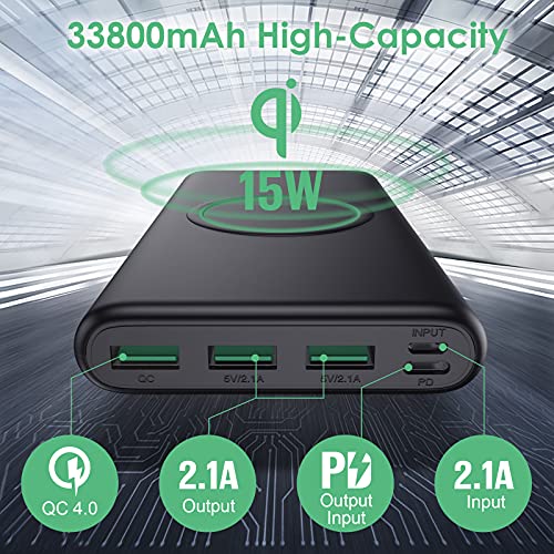 Wireless Portable Charger Power Bank, 33800mAh 15W Fast Wireless Charging 25W Power Delivery QC 4.0 Phone Charger, 5 Output & Dual Input External Battery Pack Compatible with iPhone, Android etc
