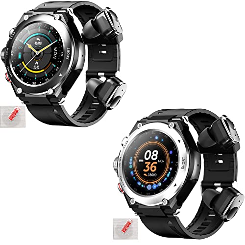 2 PC Guiqu Smart Watch with 6D Stereo Bluetooth Earbuds, 1.3 in Touch HD Screen, IP67 Waterproof Pedometer, Call Receive, 15 Days Battery Life, GPS Sports Watch for Android Phones and iOS Compatible