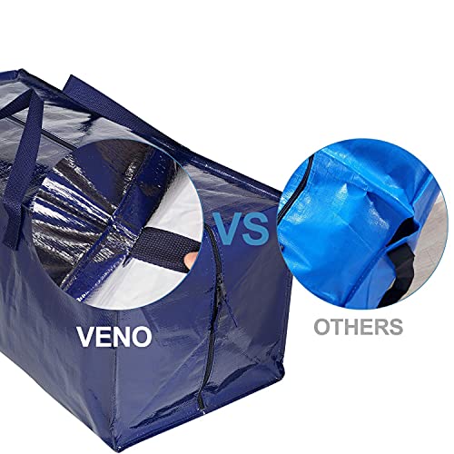 VENO Heavy Duty Extra Large Moving Bags W/ Backpack Straps Strong Handles & Zippers, Storage Totes For Space Saving, Fold Flat, Alternative to Moving Box, Made of Recycled Material (Blue - Set of 8)