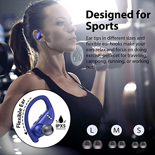 Wireless Earbuds Bluetooth Headphones 48hrs Play Back Sport Earphones with LED Display Over-Ear Buds with Earhooks Built-in Mic Headset for Workout Blue BMANI-VEAT00L