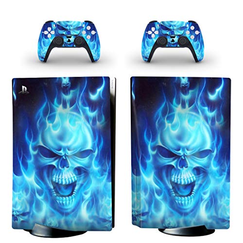 PS5 Skin Stickers Full Body Vinyl Skins Wrap Decals Cover for Playstation 5 Console and 2 Controllers with 4 Pcs Thump Grip Caps (PS5 CD Version, Blue Skull)