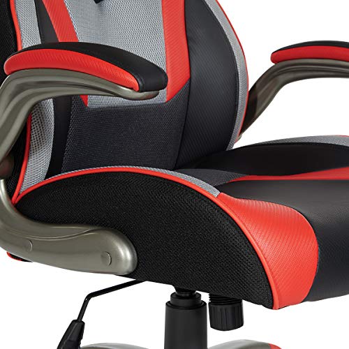 OSP Home Furnishings Uplink Ergonomic Adjustable High Back Faux Leather Gaming Chair with Thick Coil Spring Seat and Padded Flip Arms, Red Trim