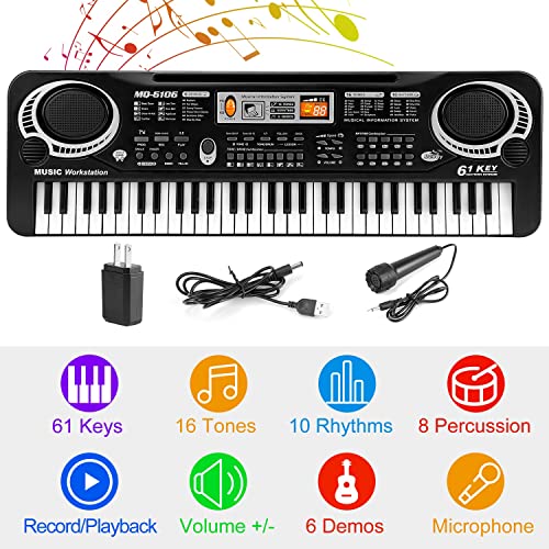 61 Keys Piano Keyboard Digital Music Electronic Keyboard Electric Piano Musical Instrument Kids Learning Keyboard with Microphone For Beginners Kids Girls Boys