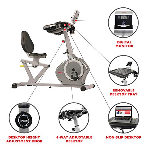 Sunny Health & Fitness Magnetic Recumbent Desk Exercise Bike, 350lb High Weight Capacity, Monitor - SF-RBD4703,Gray