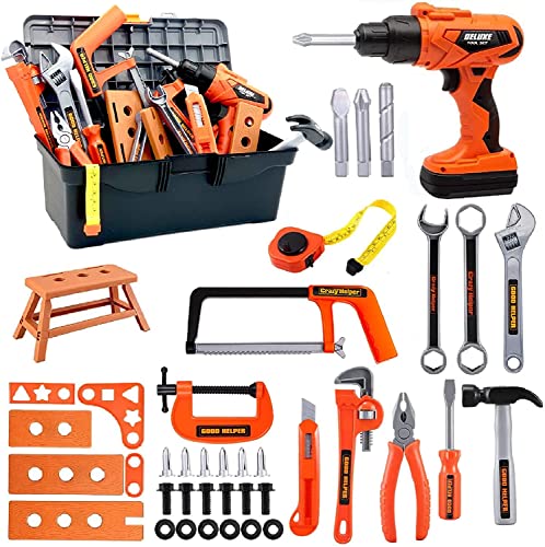 Kids Tool Set – 45 Piece Toddler Tool Set with Electronic Toy Drill& Tool Box,Hammer Saw and More, Construction Pretend Play Tools for Kids, Best Birthday Gift Ideas for Kids 1-3 4 5 6 7 8 Years Old