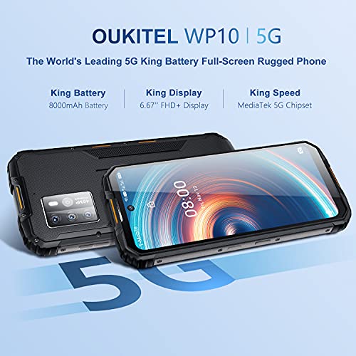 OUKITEL WP10 5G Rugged Smartphone, 2021 7nm 2GHz Dimensity CPU 8GB + 128GB 1Gbp/s Android 10 8000mAh Waterproof Unlocked Cell Phone, 6.67’’ 2400 * 1080 FHD+ 4K Record Global Quad Cameras Mobile Phone
