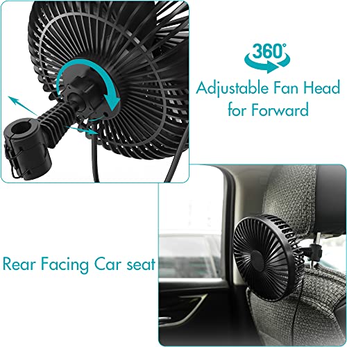 Car Fan for Backseat, 6-inch USB Powered Car Seat Fan, 3 Speeds & 360° Rotatable, Powerful Air Circulation Fan with Adjustable Holder for Vehicles like Sedan, SUV, RV, Pickup